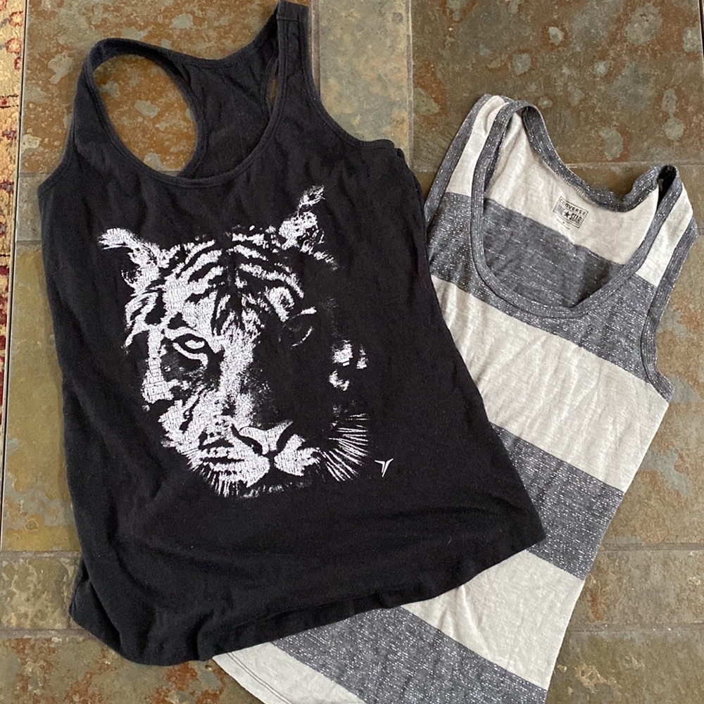 3/$19! Bundle of 2 Tank Tops: Black Tiger Tank + Striped Converse Top ~ Small